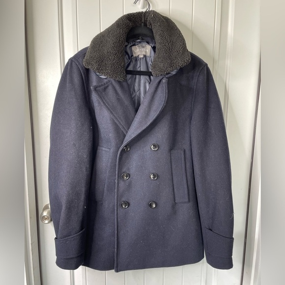 Slate and Stone double breasted faux shearling collar blue navy wool coat medium - Picture 1 of 5